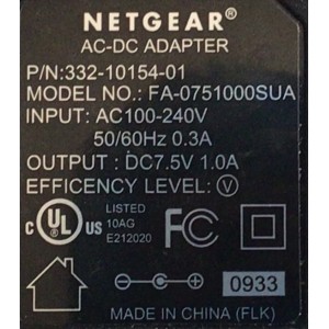 CARGADOR / ADAPTADOR DE FUENTE DE ALIMENTACION NETGEAR AC-DC / NUMERO DE PARTE 332-10154-01 / ENTRADA VCA 100-240V~ 50/60HZ 0.3A  / SALIDA VCD 7.5V 1.0A / MODELO FA-0751000SUA